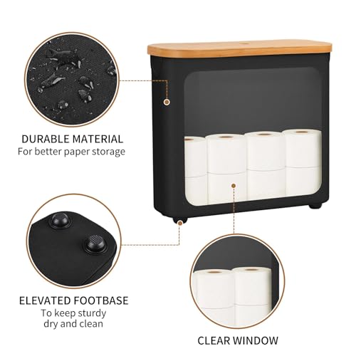 Toilet Paper Storage with Bamboo Lid,Foldable Basket Organizer for Bathroom, Holds 9 Mega/12 Regular Rolls, Waterproof Toilet Paper Holder Storage with Non-Slip Base,Black - color: Black