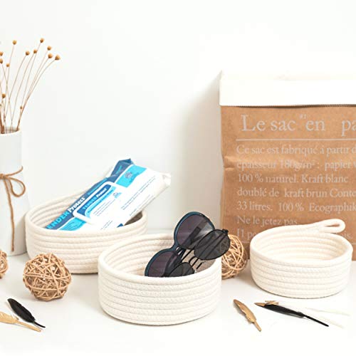 MINTWOOD Design Set of 3 Cotton Rope Nesting Bowls, Small Catch All Basket, Cute Closet Baskets and Bins for Shelves, Mini Table Basket Organizer for Small Accessories - color: Natural White