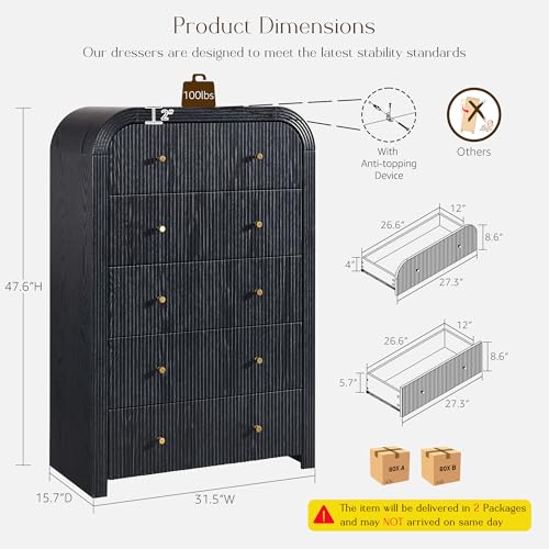T4TREAM Fluted 5 Drawers Dresser, 48" Tall Modern Chest of Drawers with Thickened Curved Profile Design, Wood Closet Clothes Storage Organizer for Bedroom, Living Room, Hallway, Black Oak - color: Black Oak, size: 15.7"D x 31.5"W x 47.6"H (5 Drawers)