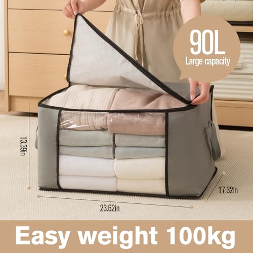Large Storage Bags,Clothes Storage Bins Foldable Closet Organizers Storage Containers with Durable Handles Thick Fabric for Blanket Comforter Clothing Bedding grey, 90L(4Pick) - size: 90L(4Pick)
