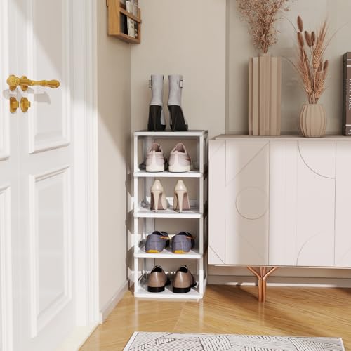 SEE SPRING 5-Tier Stackable Shoe Rack Organizer – Plastic Shoe Storage Shelf for Entryway, Closet, Bedroom – Holds Size 13 Shoes, Space-Saving & Sturdy (White) - color: White