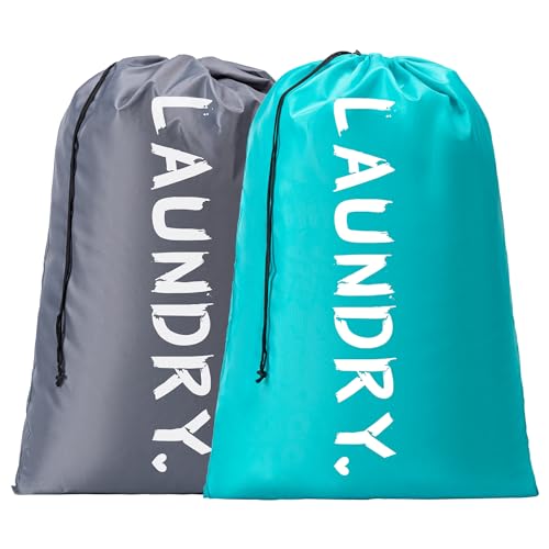 2 Pack 28" x 40"Travel Laundry Bag, Machine Washable Dirty Clothes Organizer with Drawstring,Large Enough to Hold 4 Loads of Laundry, Easy Fit a Laundry Hamper or Basket Travel Essentials - color: Blue+Grey, size: 28"x40" |2 Pack
