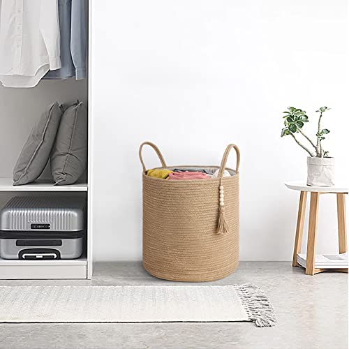 Mkono Tall Wicker Laundry Basket Woven Storage Basket Decorative Natural Rope Basket Wooden Bead Decoration for Blankets,Toys,Clothes,Shoes,Plant Organizer Bin with Handles Living Room 15"Wx17.7"L - color: Brown, size: 15"W x 17.7"L