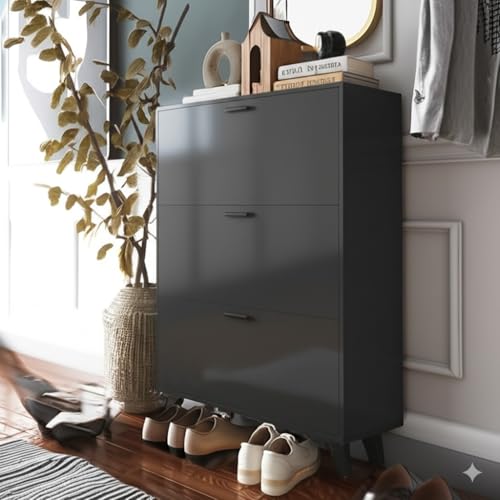 Anystyle Black Shoe Storage Cabinet for Large Shoes, 3-Tier Adjustable Flip-Door Organizer, Space-Saving Wooden Cabinet for Entryway, Closet, Living Room, 31.5" W x 49.2" H - color: Black