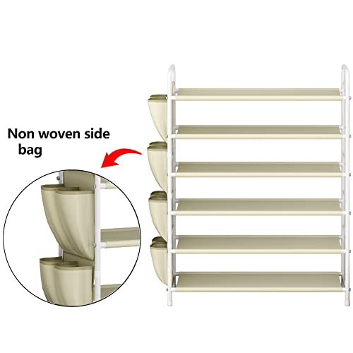 SUOERNUO Shoe Rack Storage Organizer 6 Tier Free Standing Metal Shoe Shelf Shoe Organizer with Side 8 Shoes Pockets for Entryway Closet Bedroom,Beige - color: Beige, size: 6 Tier