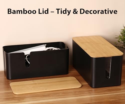 ZhiYo Bamboo Lid Cord Organizer Box, Safe ABS Cable Management Box for TV and Computer, Wood Cover Cord Hider to Hide Wires, Router, USB Hub & Under Desk Power Strip, 1 Pack L13.1 xW5.6 xH5.6 Black - color: Black, size: L