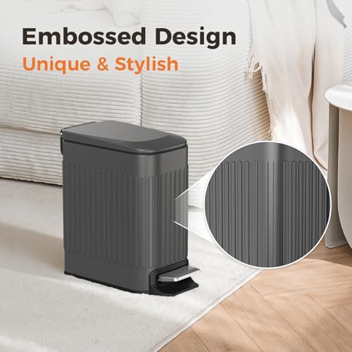 TrashAid Small 1.6 Gallon Stainless Steel Trash Can with Removable Inner Bucket, Grey, Hands Free Step Pedal Design - color: Grey