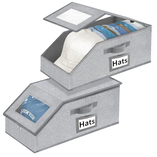Aokeyee Hat Organizer for Baseball Caps - 2PCS Stackable Storage with Clear Window Lid, Flip-Top Access, Space-Saving Hat Box for Closet, Breathable Fabric (Grey)