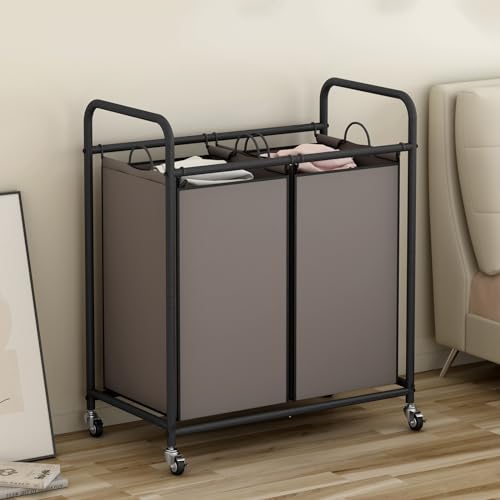 SUOERNUO Laundry Hamper Basket 2 Bag Laundry Sorter Cart with Rolling Lockable Wheels and Removable Bags Laundry Organizer Cart for Clothes Storage, Assorted - color: Brown, size: 2 Bags