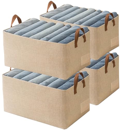 AARAINBOW Linen Closet Organizer Storage Bin with Steel Frame, Stackable Fabric Jeans Baskets for Shelves, 4 Packs Foldable Wardrobe Clothes Box for Sweater Pants Clothing Towel Shirt Felt, 23L Beige - color: 4 Beige