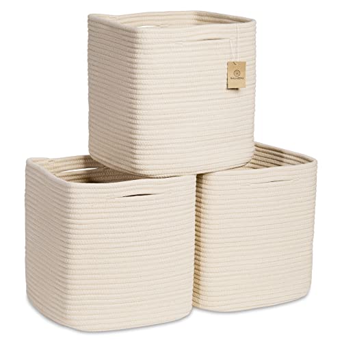 NaturalCozy Storage Cubes 11 Inch Cotton Rope Woven Baskets for Organizing, 3-Pack | Cube Storage Bin | Square Storage Baskets for Shelves Organizer, Classroom, Kids Toy Bins, Closet, Baby Nursery - color: Beige