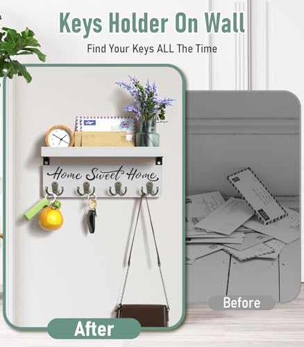 buways Wall-Mounted Key and Mail Holder, Wooden Key Rack with 4 Double Key Hooks, Rustic Home Decor for Entryway(White) - color: White