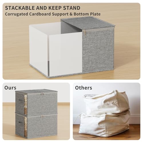 Clothes Storage Bins with Sturdy Frames, Foldable Fabric Clothing Organizer Box for Moving, Sweater Storage Cube with Lids and Zipper, Linen Closet Storage Bags for Blankets, Clothes, Sheet - color: Grey, size: Medium x 3 Packs