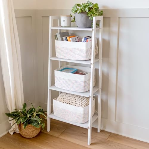 NaturalCozy Storage Baskets 16.8”x13”x7.6” Cotton Rope Woven Baskets for Organizing 3-Pack | Toy Storage Bins | Basket for Shelves, Laundry, Blanket, Clothes, Closet, Kitchen, Bathroom, Gifts - color: Off White & Rainbow Stitching