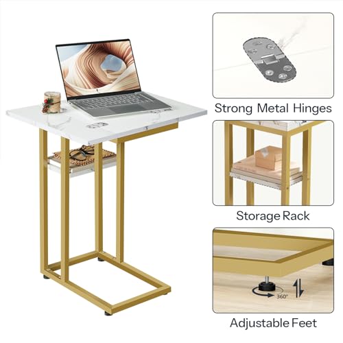 HOOBRO Foldable End Table, Gold C Shaped Side Table with Storage Shelf, Small Snack Table Suitable for Living Room Bedroom Small Spaces, Easy Assembly, Gold and Marble DM29SF01 - color: Marble + Gold
