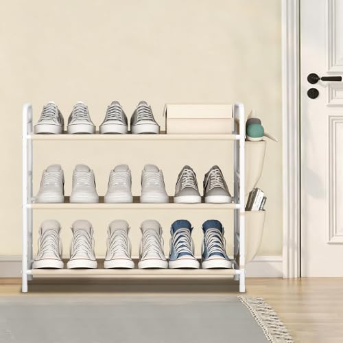3 Tier Shoe Rack with Side Pockets, Shoe Organizer Space Saver Storage for 7-9 Pairs Shoes Storage Shelf Sturdy Free Standing Metal Long Shoe Holder Organizer for Closet, Entryway Beige - color: Beige, size: 3 Tier