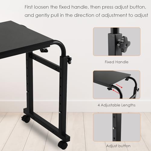 Arlopu Overbed Table with Wheels,60.6-84.2 inches Mobile Bed Desk,Rolling Computer Desk, Laptop Cart,W/0-65°Tilt Stand,4 Heights and 6 Lengths,Side Storage Basket,for Home,Office and Hospital (Black) - color: Black