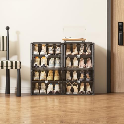 Vipbox Black Shoe Rack Organizer Cabinet for Closet Entryway,Clear Shoe Storage Boxes Stackable Sneaker Storage with Door Easy Assembly Shoe Cabinet with Lids Large 4 Tiers 16 Pairs - size: 4 Tiers 16 Pairs
