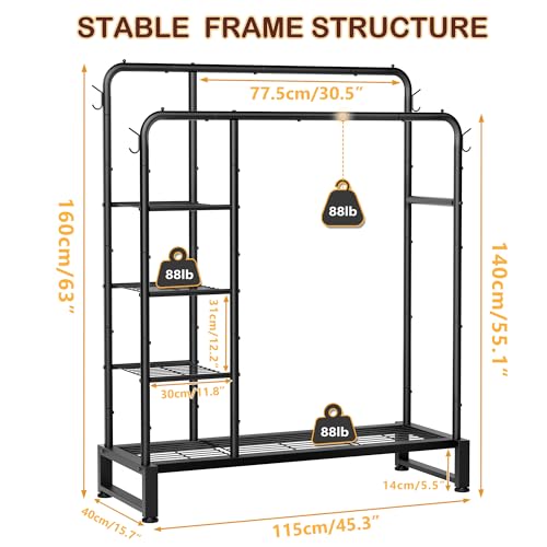 Double Rods Clothes Rack Clothing Rack with 4 Tier Storage Shelves Clothes Rack for Hanging Clothes Multifunctional Heavy Duty Clothes Organizer with Hooks for Bedroom,Wardrobe Closet,Shop,Black - color: Black