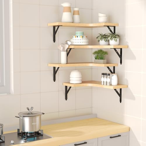 ROMGUAR CRAFT Corner Floating Shelves Wall Mounted Set of 4, Rustic Wood Storage Display Shelves for Home Decor, Bathroom, Kitchen, Bedroom, Living Room, Office (Natural) - color: Natural