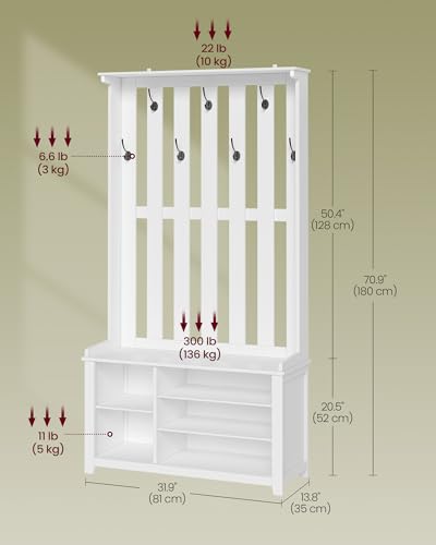 VASAGLE Hall Tree with Bench and Shoe Storage, Coat Rack with Shoe Bench, 7 Double Hooks for Jackets, Hats, Entryway, Bedroom, Living Room, 13.8 x 31.9 x 70.9 Inches, Matte White UHSR414WB01S - color: Matte White