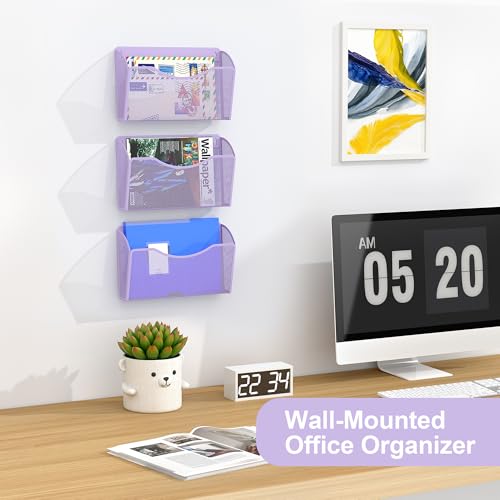 EasyPAG 3 Pack Wall File Organizer, Metal Mesh Hanging File Folder Holder for Letter/A4 Size Folders, Vertical Wall Mount Mail Sorter for Office Paperwork, Classroom, Purple - color: Purple