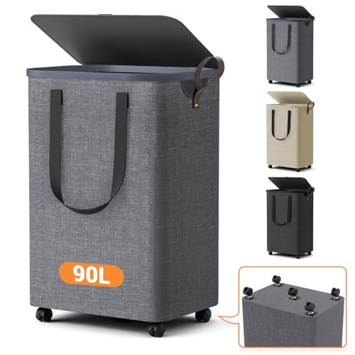 Laundry Basket with 5 Wheels, Tall Dirty Laundry Hamper, Rolling Laundry Basket with Lid, Large 90L Collapsible Clothes Hamper for Laundry Room Bedroom Bathroom Dorm, Light Gray - color: Light Gray, size: 90L
