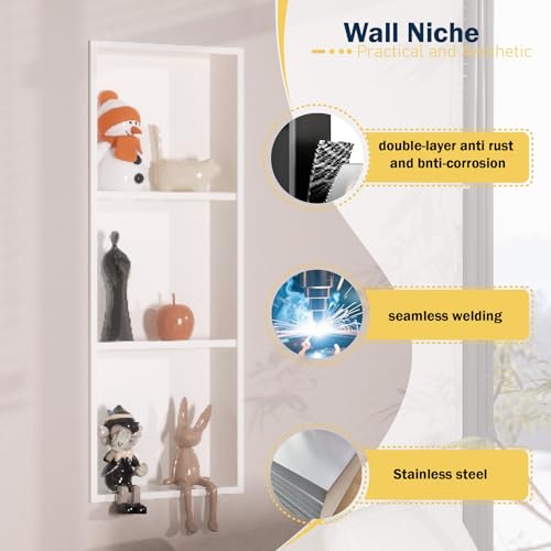 Stainless Steel Recessed Shower Caddy ，Organizer Storage for Room,Bathroom Insert Shelf with Three-Tier Shelves，Matte White （ 36" X 12"） - color: White, size: 36 * 12 in
