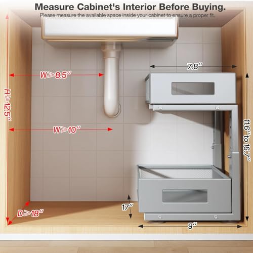 1 Pack 17IN Depth Under Sink Organizer, 2-Tier Pull Out Cabinet Organizer With Smooth Circular Rail, Large Capacity Metal Mesh Sliding Drawers For Bathroom& Kitchen Storage,Height Adjustable-Gun Gray - color: Gun Gray, size: 1 Pack-17"Dx11.6"-16.7" H