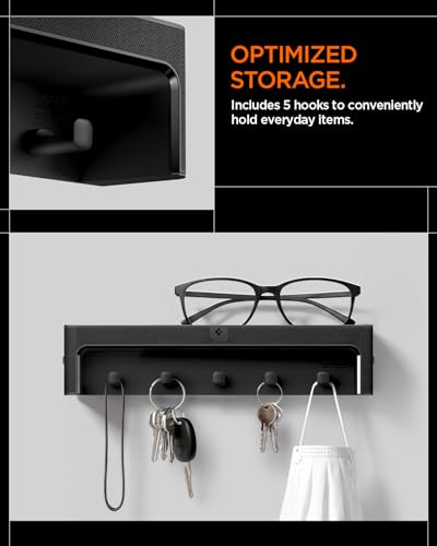 Spigen Key Holder Wall Mount with Adhesive Hooks and Organizer Tray for Wallet, Watch, Sunglasses – Entryway Shelf Rack for Door, Home, or Living Room – Black - style: Key Holder