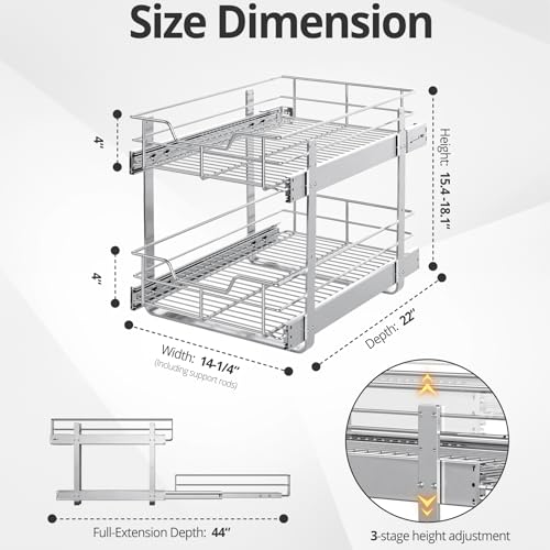 ZOINLIY Pull Out Cabinet Organizer, Versatile Slide Out Kitchen Organizers and Storage,Heavy Duty Drawer Cupboard Storage Basket, Smooth Sliding, Chrome Finish (2-Tiers-14¼''W×22“D) - size: 2-Tiers 14¼''W×22“D