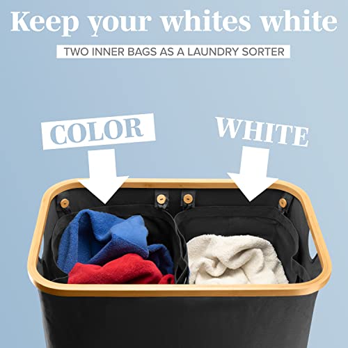 LONBET Laundry Basket with Lid, Made from Breathable Fabric | Aesthetic Clothes Hampers for Laundry with Side Handles & Sturdy Bamboo Frame (40 Gallons - Double, Black) - color: Black, style: 40 Gallons - Double
