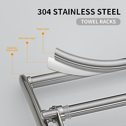 BESy 24 Inch Brushed Nickel Towel Racks, Bathroom Towel Shelf with Foldable Towel Bar Holder and Towel Hooks, Wall Mounted Multifunctional Bathroom Accessories, Double Towel Bars - color: Brushed Nickel