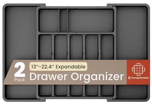 Black Expandable Utensil Drawer Organizer 2 Pack, Adjustable 13” to 22.4”, 8 Compartment Silverware Organizer for Kitchen Utensils, Spatulas, Cutlery, and Tools, Easy to Clean, Durable, and BPA-Free - color: Black, size: 8 Comp'ts (Pack of 2)