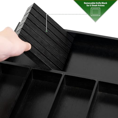 VaeFae Bamboo Silverware Organizer, Utensil Holder for Drawer, Wooden Cutlery Tray with Divider for Kitchen Drawer, Utensil Organizer with Knife Block（Black） - color: Black, size: Small - Non-expandable with Block