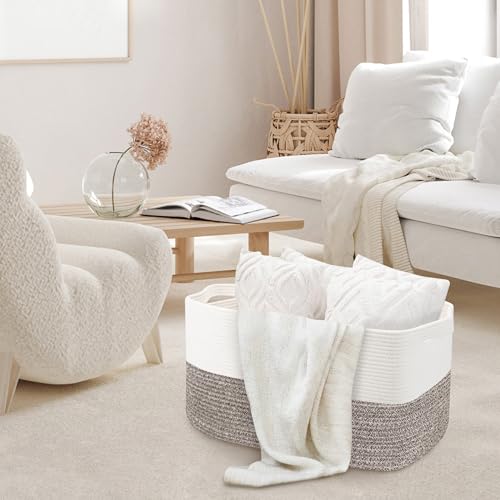 MEGASKET Large Blanket Basket, 22"x17"x12" Rectangle Blanket Storage for Living Room, Decorative Kids Dog Toy Bin Box, Soft Woven Cotton Rope Storage Basket, Big Wicker Throw Pillow Organizer Holder - color: White & Light Brown, size: 22"x17"x12"