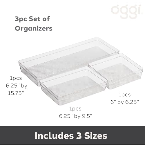 Oggi Set of 3 Clear Drawer Organizers - (1) 6x6.25, (1) 6.25x9.25, (1) 6.25x15.75 - Ideal for Organizing Kitchen Drawers, Office, Desk, Silverware, Kitchen Utensils, Cosmetics and Bathrooms - size: Set of 3