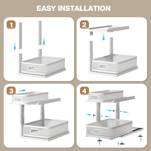 2 Pack Under Sink Organizer With Next-Gen Ball-Bearing Slides,2-Tier Precision Mesh Pull Out Cabinet Drawers Storage for Bathroom&Kitchen,Height Adjustable Shelf,Rust-resistant-Patent Pending - color: White, size: 2 Pack-15.5"Dx12.4"-16.5"H