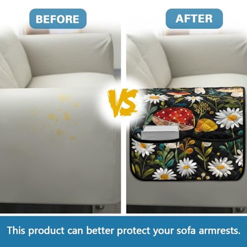 Mushroom Daisy Leaf Print Couch Arm Covers with 2 Pocket Storage Stain Resistant Sofa Armset Organizer for Magazine, Tablet, Phone Waterproof Sofa Chair Armrest Protector - color: Mushroom Daisy Leaf