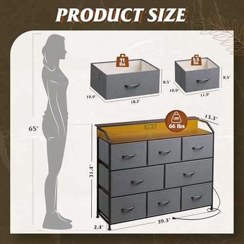 WLIVE Dresser TV Stand with Power Outlets, Led Dresser for Bedroom, Fabric Chest of Drawers with Double Open Shelves, Wood Top, Steel Frame, 6 Drawer Dressers for Closet, Living Room, Dark Grey - color: Dark Grey, style: 8 Drawers with LED