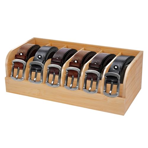 GTI Belt Organizer, 6 Compartments Belt Organizer for Closet and Drawer, Bamboo Display Case for Tie and Belt, Belt Storage Organizer for Men Women (Wooden) - color: Wood, size: 6 Compartments