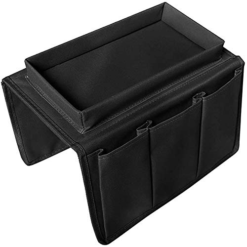 Sofa Armrest Organizer with Cup Holder Tray 6 Pockets TV Remote Control Organizer Sofa Couch Armchair Caddy Organizer Tidy Pocket Hanging Storage Bag Holder for Cellphone Magazine Drinks Snacks Black - color: Black