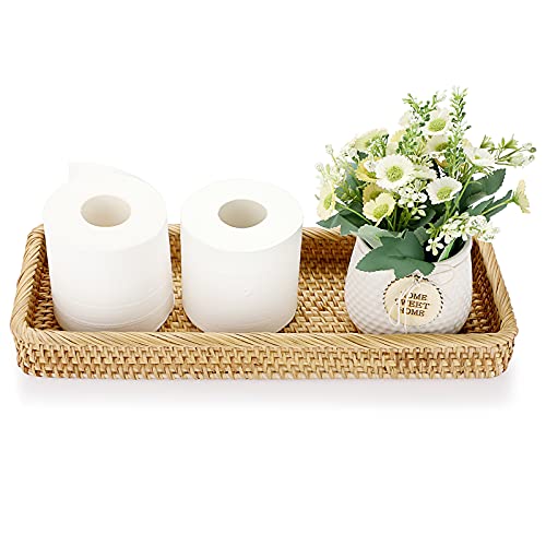 Sumnacon 16 Inch Rattan Bathroom Vanity Tray - Decorative Wicker Toilet Tank Tray for Paper Hand Towel, Vintage Storage Basket Bin for Bathroom Kitchen Toilet Tank Vanity Countertop Table Shelf - color: Yellow, size: 16" x 6.5" x 1.8"