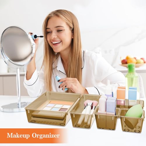 SpaceHacks 25 PCS Plastic Drawer Organizer Set, 4-Size Versatile Organizer Trays & Storage Bins for Makeup, Jewelry, and Gadgets in Bathroom, Bedroom and Office,Champagne - color: Champagne