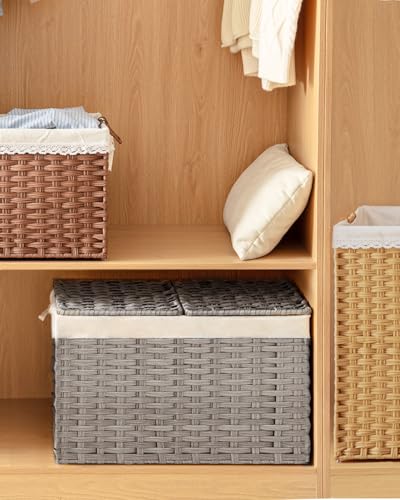 SETVSON Storage Basket with Lid Wicker Baskets for Storage with 2 Separate Lid 42.3 Gallon (160 L) 29.9 x 17.3 x 18.1 Inches Rattan Woven Large Wicker Basket with 2 Liners for Bedroom Laundry Gray - color: Gray, size: 160L-29.9L*17.3W*18.1H