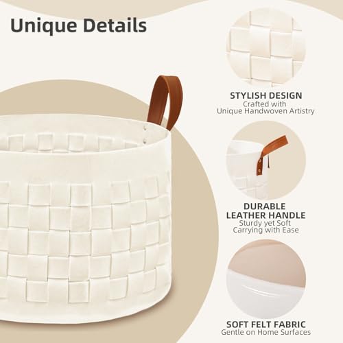 BOLDMONEKY Blankets Basket 20" x20 " x11.8 ", Large Round Laundry Hamper with Leather Handle, Soft Dog Toy Woven Basket for Storage-Beige - color: Beige