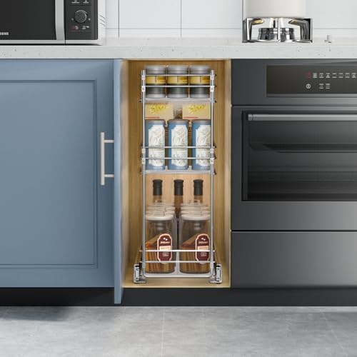 ROOMTEC Pull Out Spice Rack for Narrow Cabinet (6" W X 20½" D),3 Tier Heavy Duty Sliding Spice Cabinet Organization Shelf Racks, Pull Out Shelves Under Cabinet Storage for Kitchen - size: 6" W x 20½" D, 3 Tier, Heavy Duty