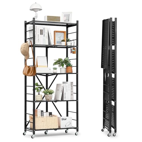 VEVOR 5-Tier Foldable Storage Shelf, 28W x 13D x 66H Inch Folding Metal Rack Shelving Unit, No Assembly Organizer Shelf with 5 Wheels & 4 Hooks for Pantry, Kitchen, Garage, Basement, Black - color: Black, size: 5-Tier