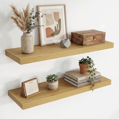 Acovy 30 Inch Floating Shelves,9.3" Deep Floating Shelf Wall Mounted,30 Inch Wall Book Shelves for Home Decor,Large Long Deep Hanging Shelves for Bathroom Office Laundry Living Room Bathroom,Oak - color: Oak, size: 30 Inch,Set of 2