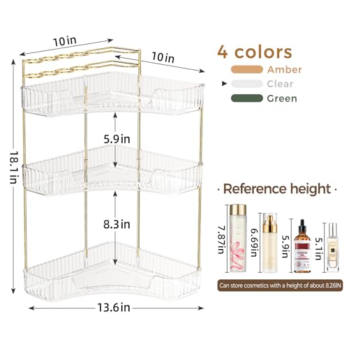 BEFSOP Corner Bathroom Counter Organizer, Upgraded 3-Tier Makeup Organizer Countertop with Makeup Brush Holder, Skincare Exquisite Vanity Organizers Countertop Bathroom Storage Dresser(CLEAR) - color: Clear, size: 3 Tier